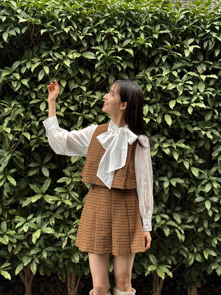 "Night Gardener" High Waist Check Pleated Skirt-Yellow