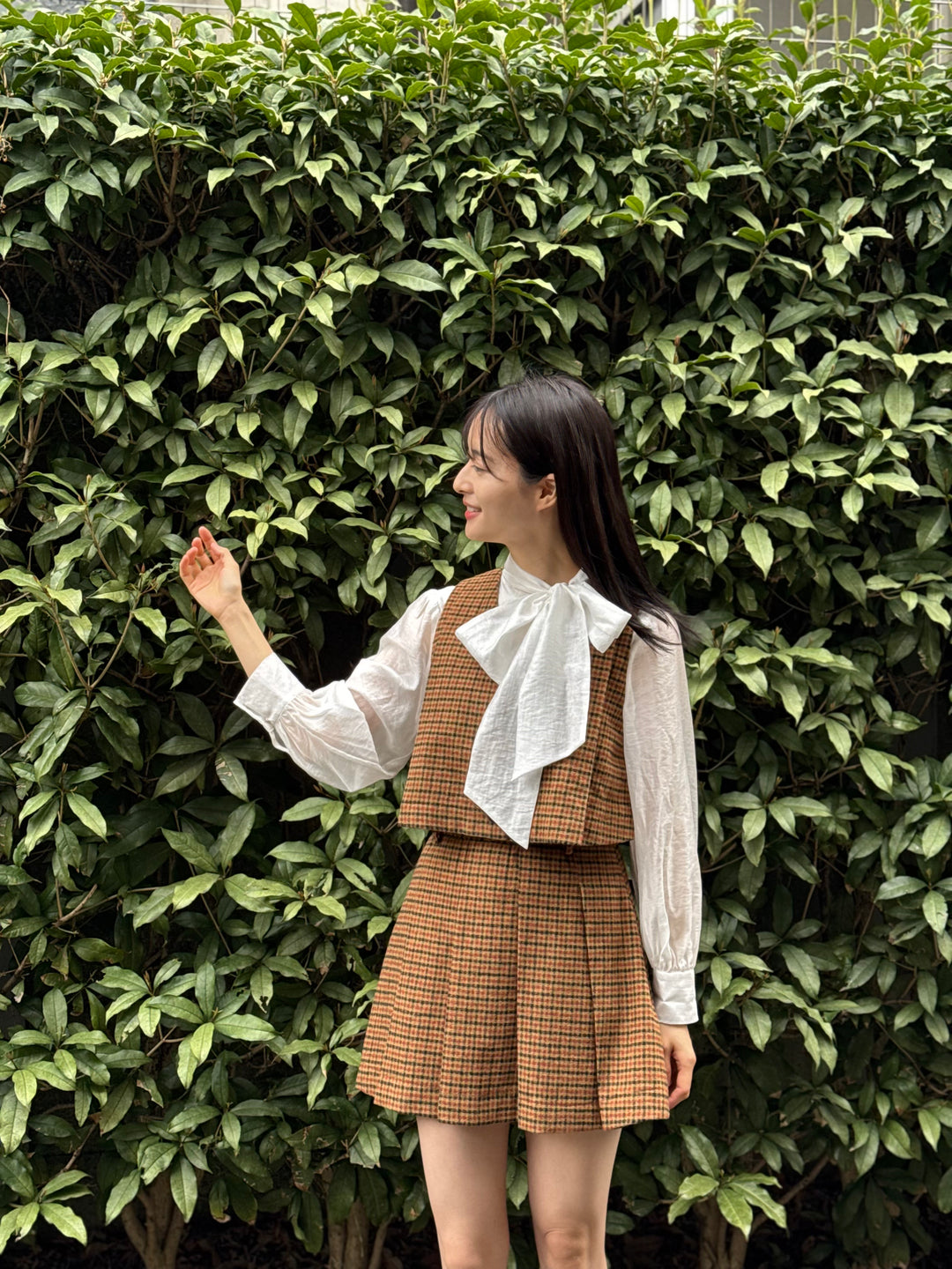 "Night Gardener" High Waist Check Pleated Skirt-Yellow