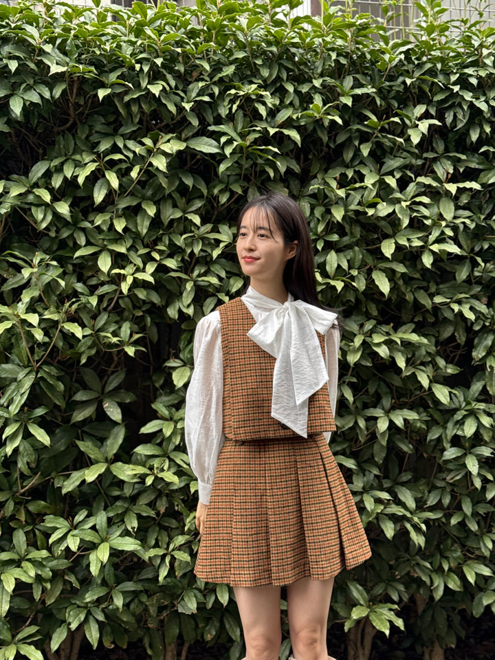 "Night Gardener" High Waist Check Pleated Skirt-Yellow