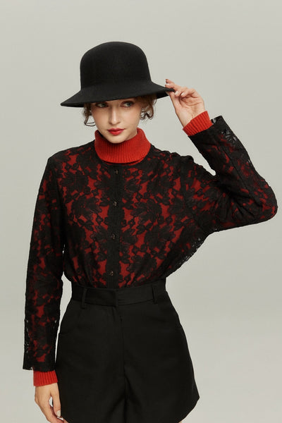 《午後には陶芸教室がある》フラワーレースシースルートップス-Black