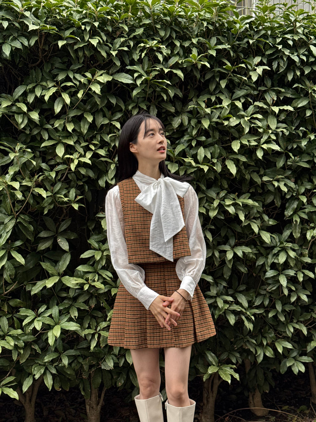 "Night Gardener" High Waist Check Pleated Skirt-Yellow