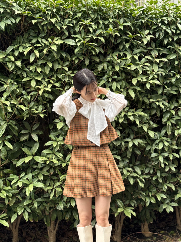 "Night Gardener" High Waist Check Pleated Skirt-Yellow
