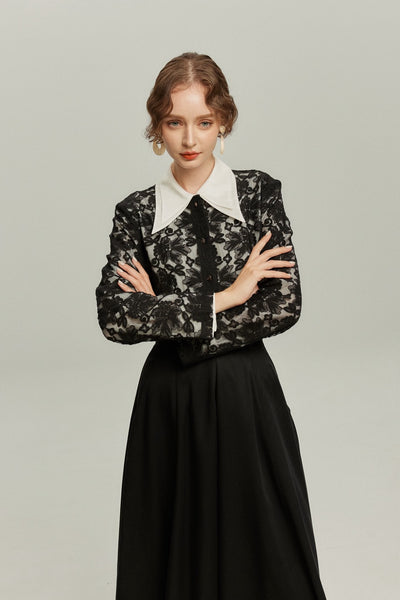《午後には陶芸教室がある》フラワーレースシースルートップス-Black