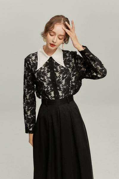 《午後には陶芸教室がある》フラワーレースシースルートップス-Black