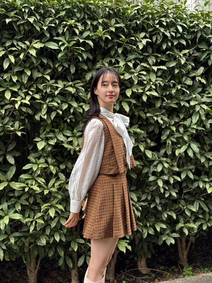 "Night Gardener" High Waist Check Pleated Skirt-Yellow