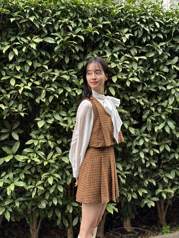 "Night Gardener" High Waist Check Pleated Skirt-Yellow