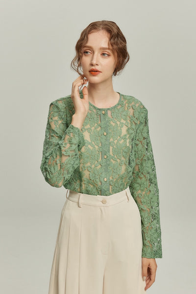 《午後には陶芸教室がある》フラワーレースシースルートップス-Green