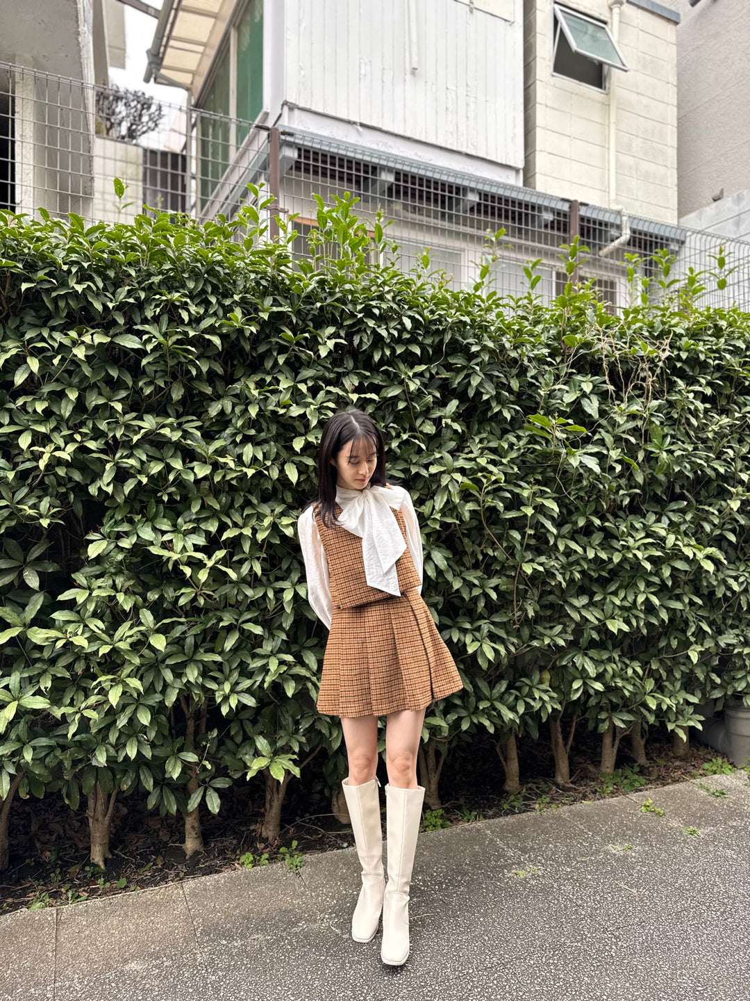 "Night Gardener" High Waist Check Pleated Skirt-Yellow