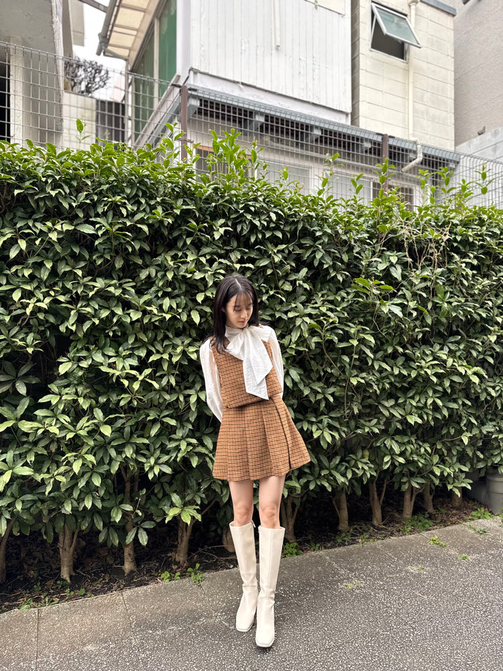 "Night Gardener" High Waist Check Pleated Skirt-Yellow