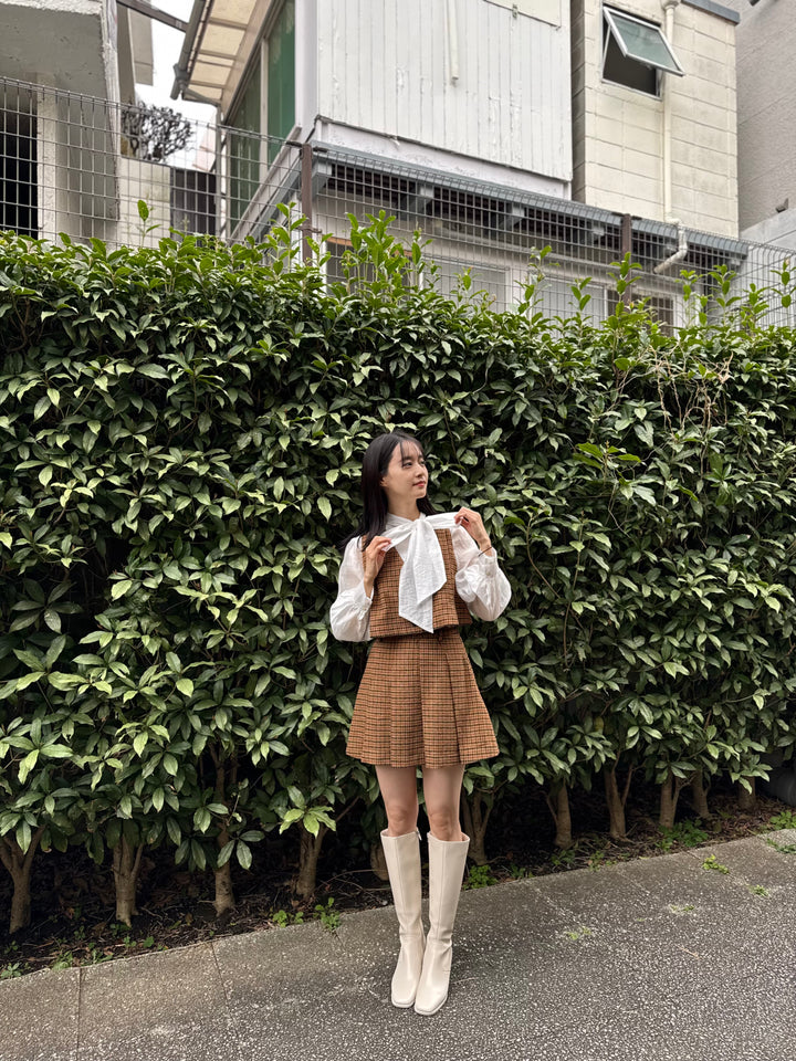 "Night Gardener" High Waist Check Pleated Skirt-Yellow