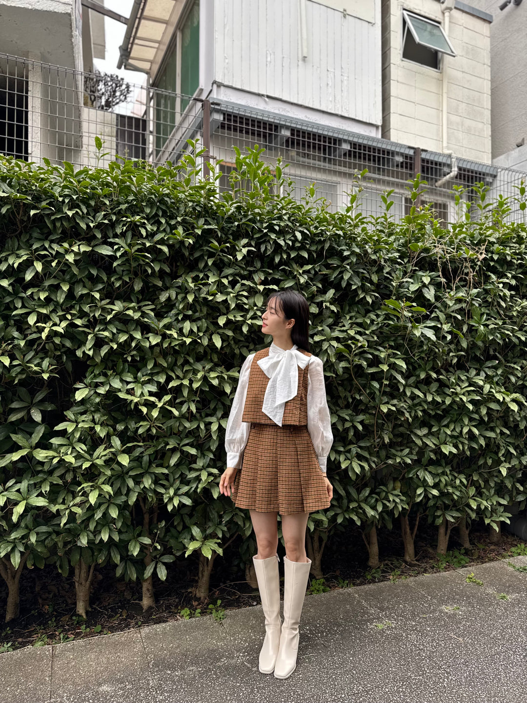 "Night Gardener" High Waist Check Pleated Skirt-Yellow