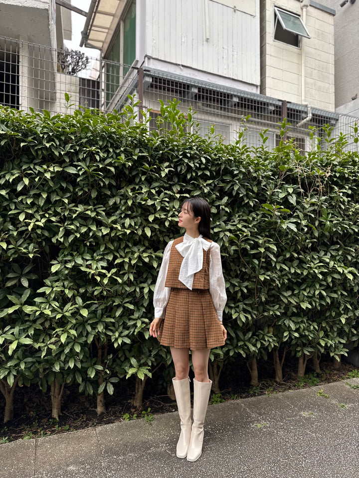 "Night Gardener" High Waist Check Pleated Skirt-Yellow