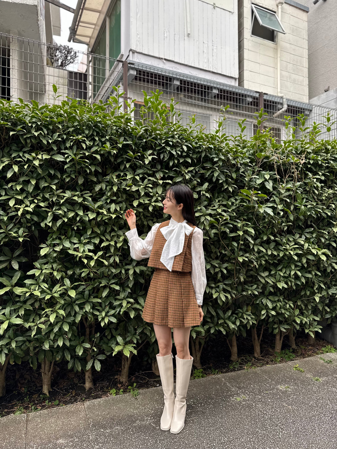 "Night Gardener" High Waist Check Pleated Skirt-Yellow