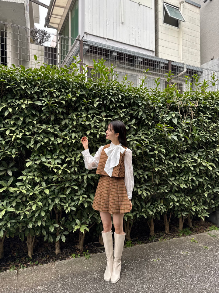 "Night Gardener" High Waist Check Pleated Skirt-Yellow