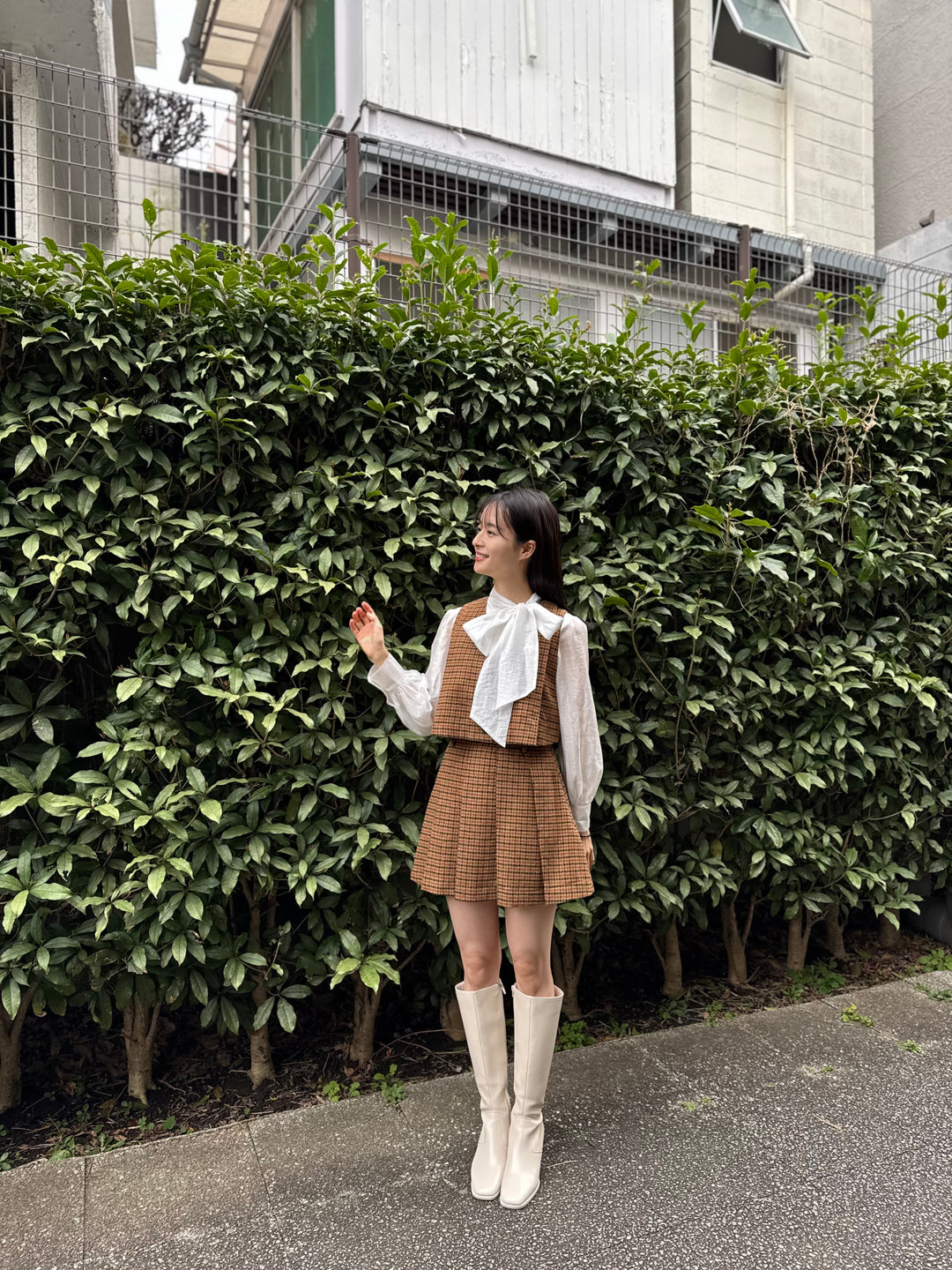 "Night Gardener" High Waist Check Pleated Skirt-Yellow