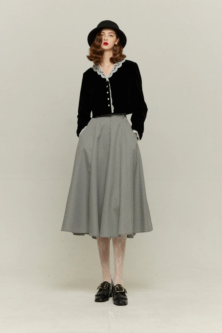 《つい一口食べちゃいました》ハイウエストサーキュラースカート-Houndstooth check