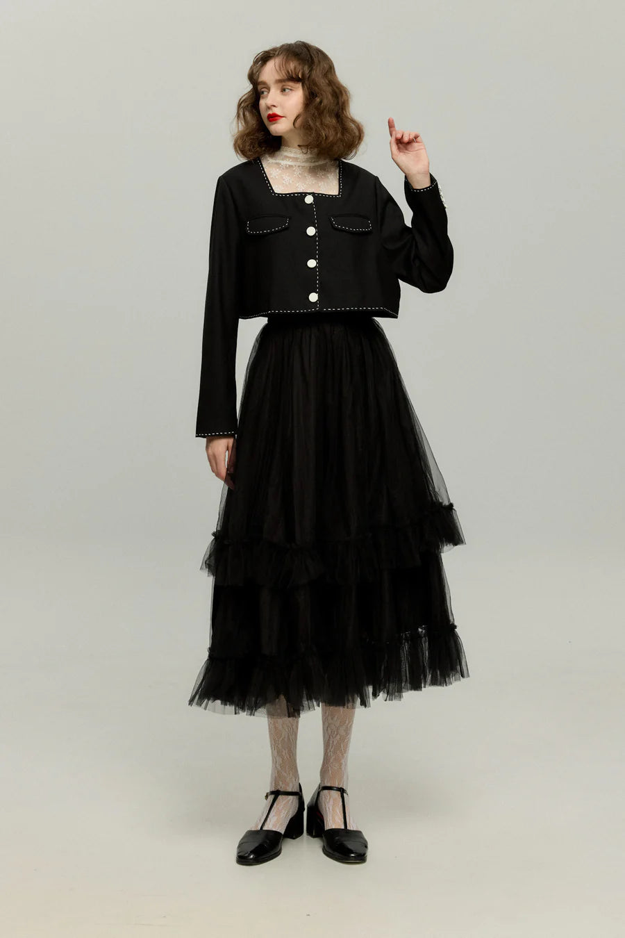 実は私300歳》チュールフリルハイウエストフレアスカート-Black – Tnewties