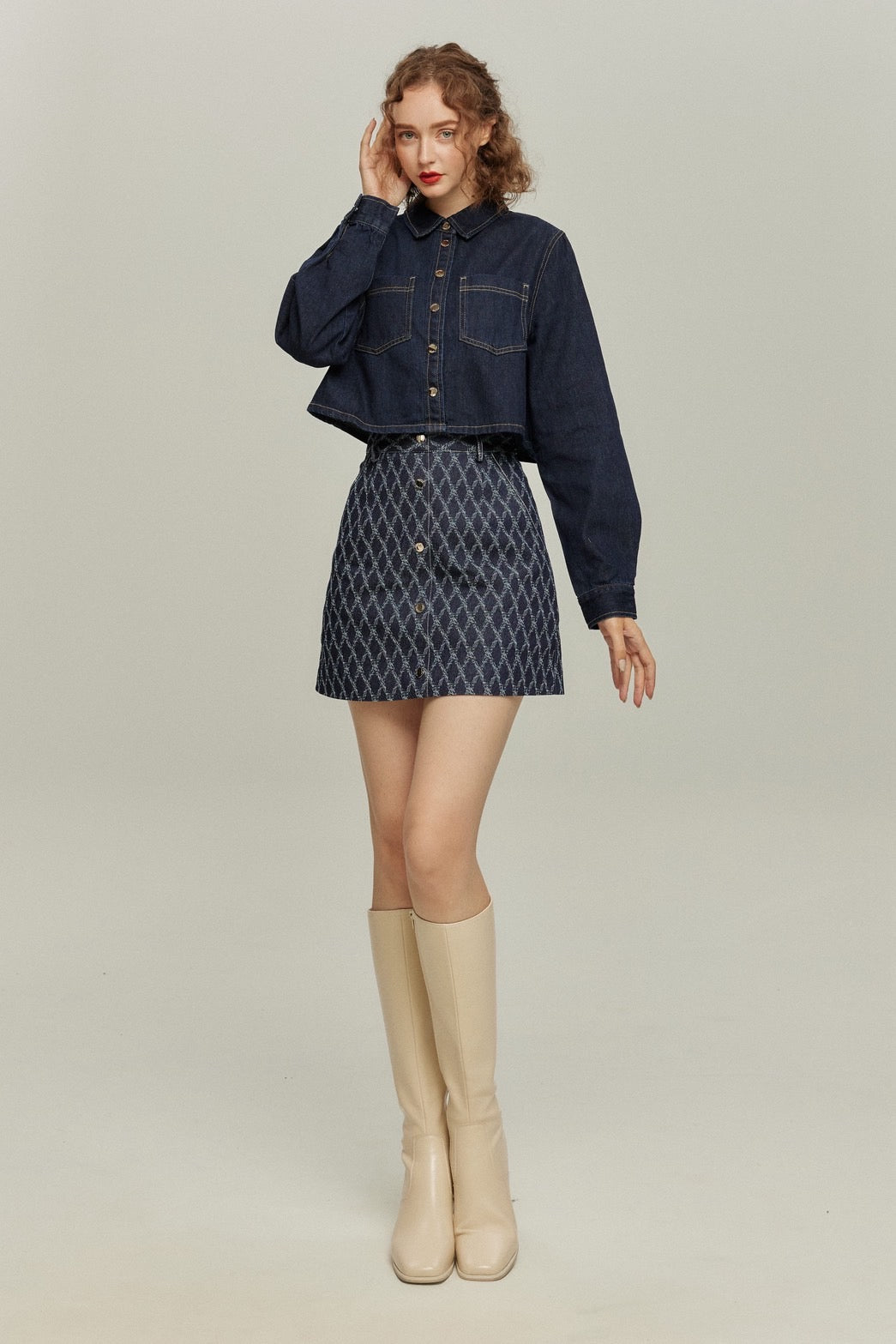 《ナプキンの正しい折り方》格子柄デニムスカート-Navy