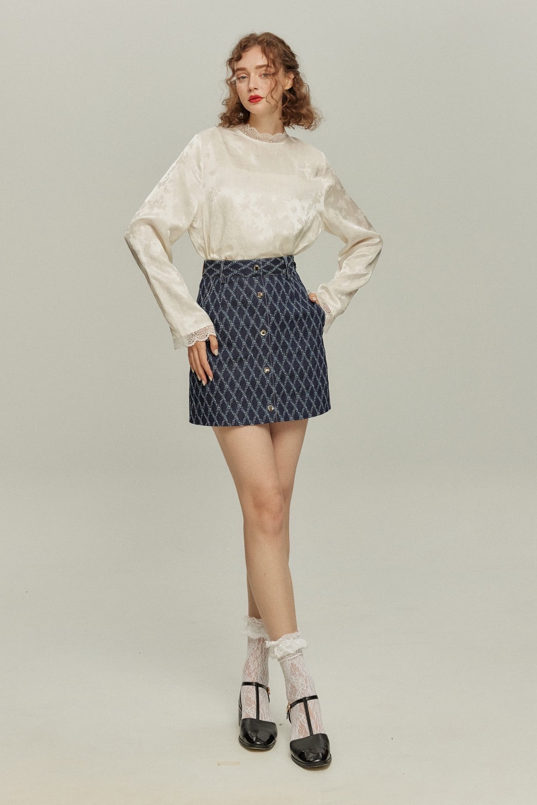 《ナプキンの正しい折り方》格子柄デニムスカート-Navy