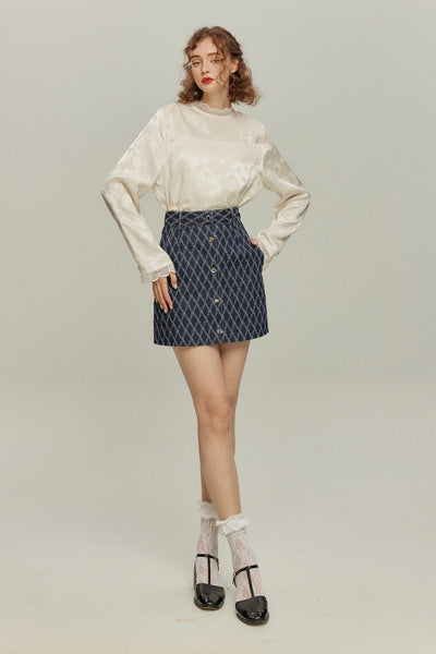 《ナプキンの正しい折り方》格子柄デニムスカート-Navy