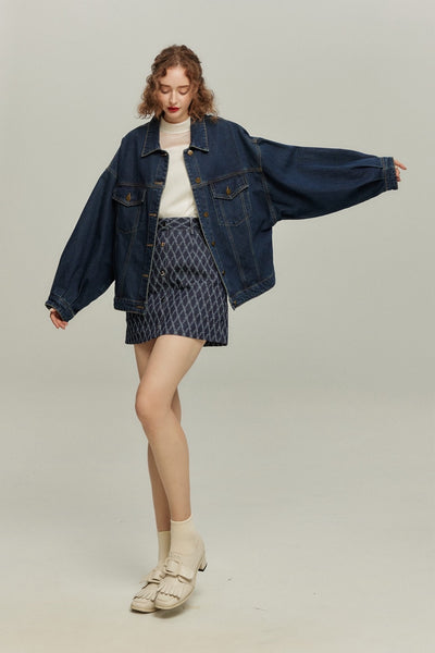 《ナプキンの正しい折り方》格子柄デニムスカート-Navy