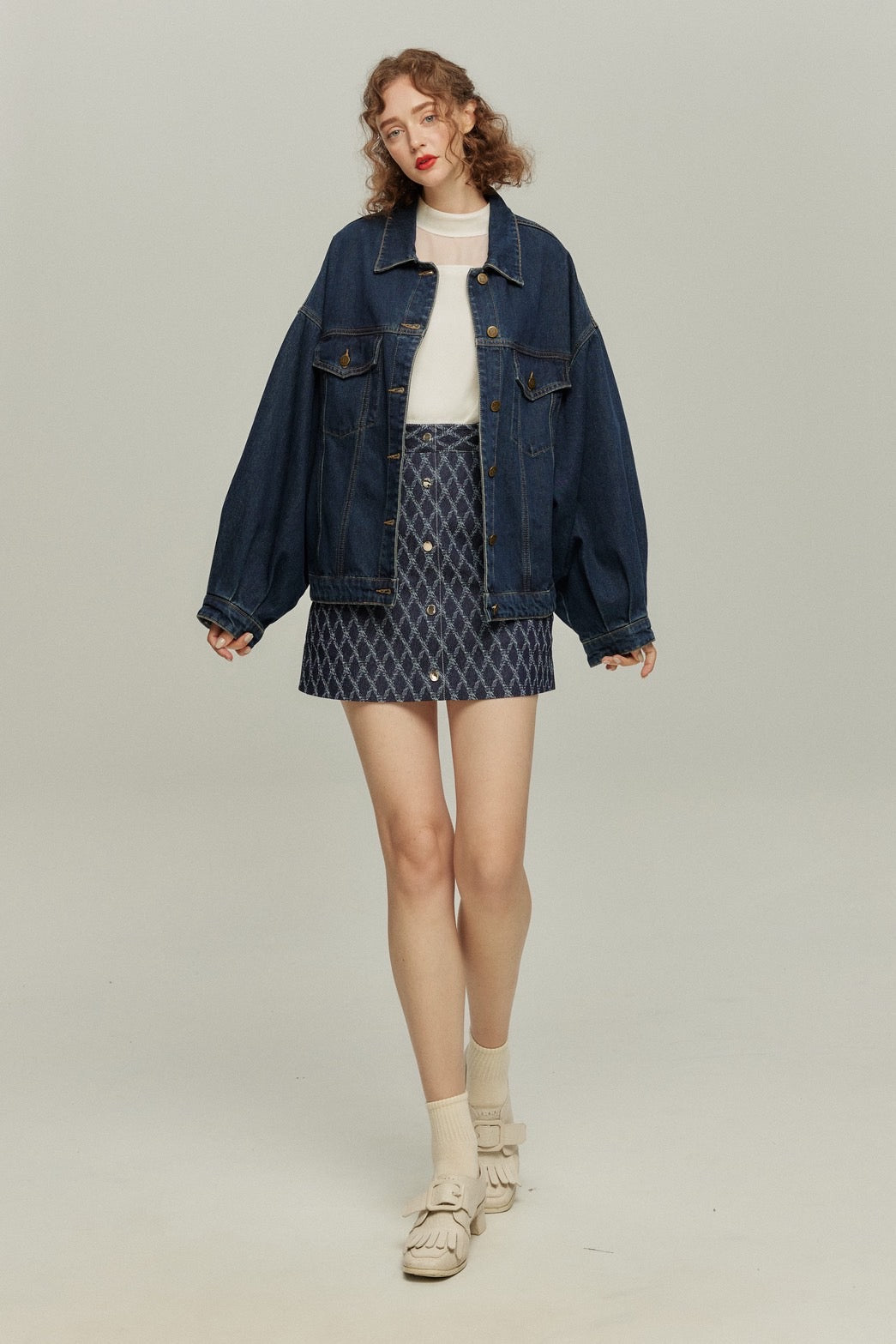 《ナプキンの正しい折り方》格子柄デニムスカート-Navy