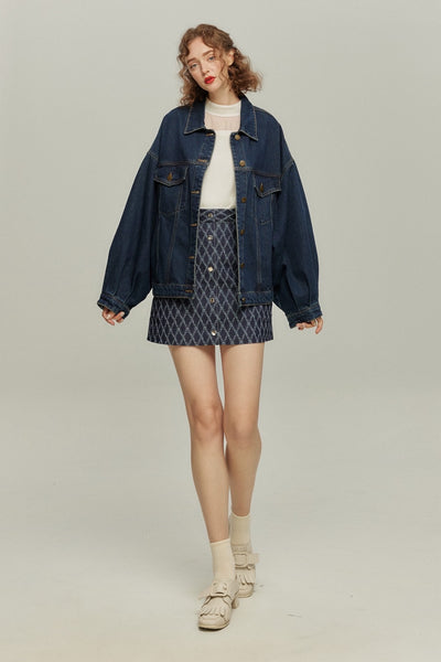《ナプキンの正しい折り方》格子柄デニムスカート-Navy