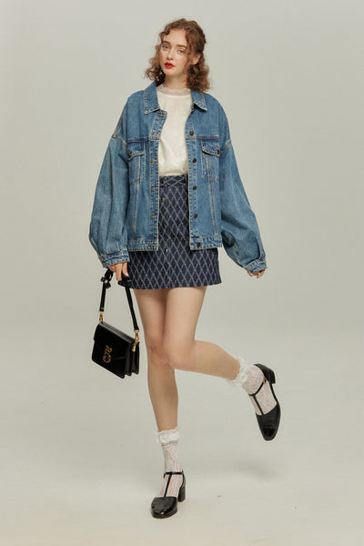 《ナプキンの正しい折り方》格子柄デニムスカート-Navy