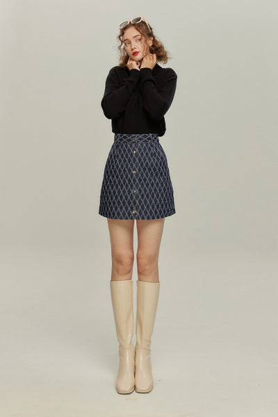 《ナプキンの正しい折り方》格子柄デニムスカート-Navy