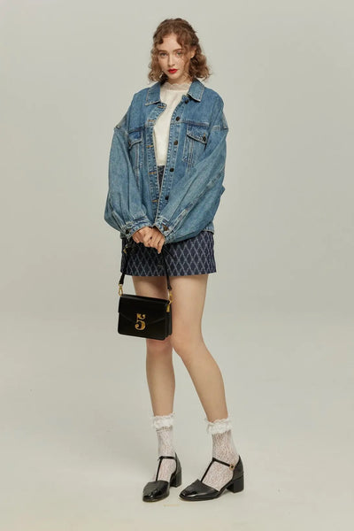 《ナプキンの正しい折り方》格子柄デニムスカート-Navy
