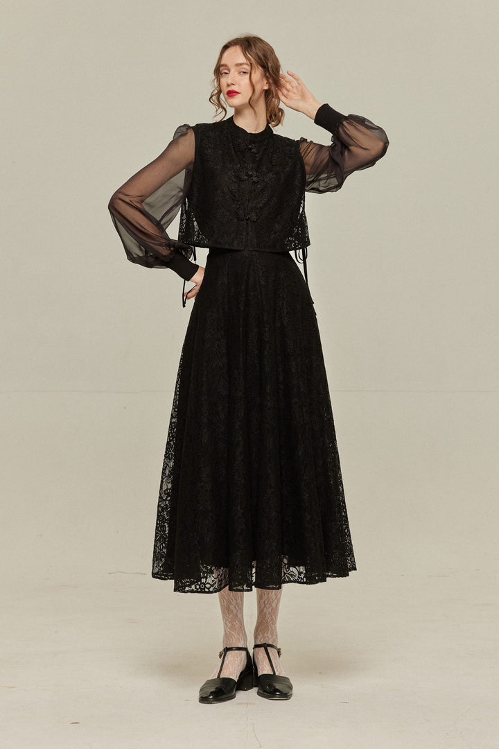 [Existing for 100 years] High waist flare lace skirt-Black