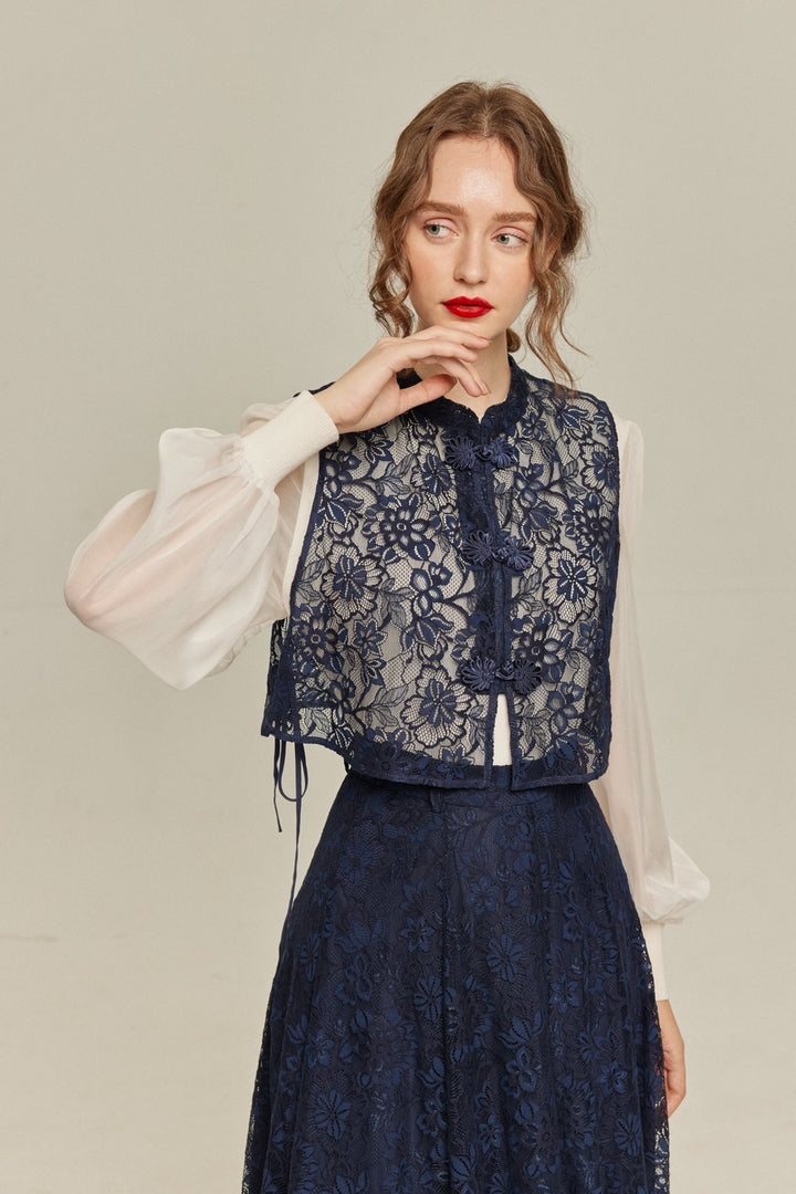 100年も前からある》チャイナバックルスリーブレストップス-Navy