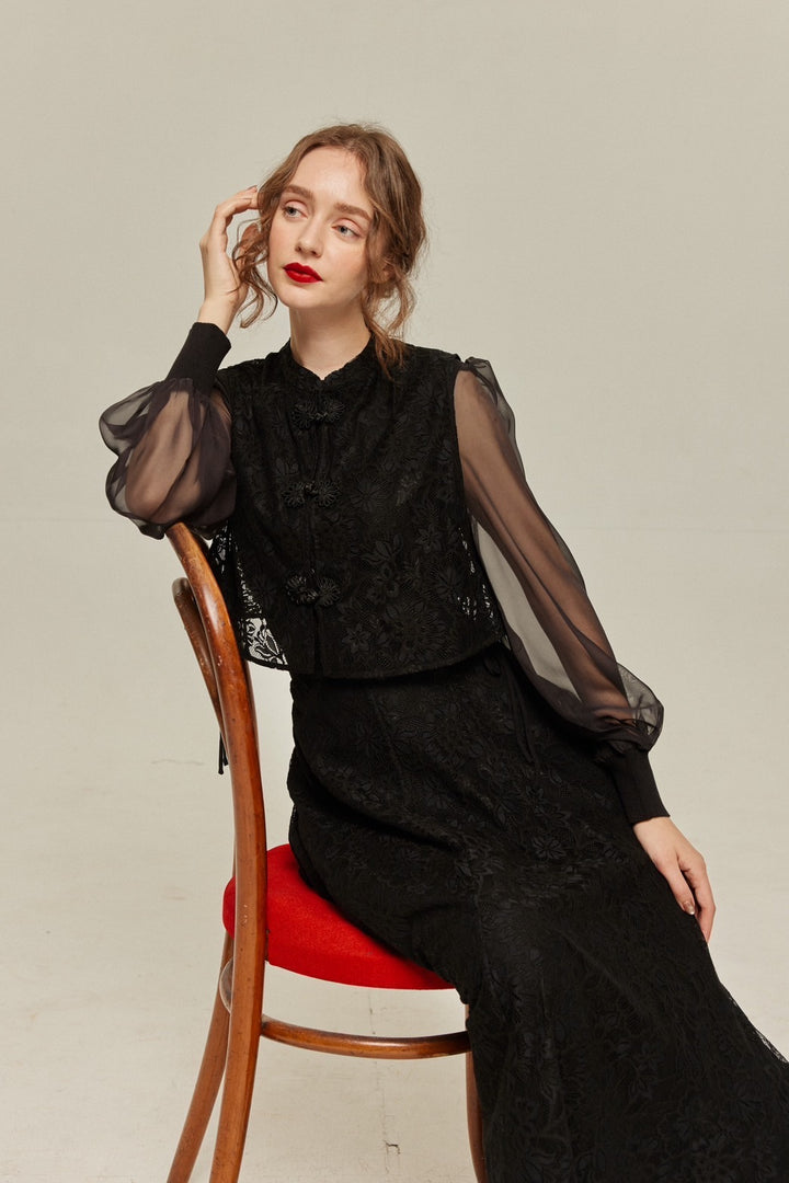 100年も前からある》チャイナバックルスリーブレストップス-Black