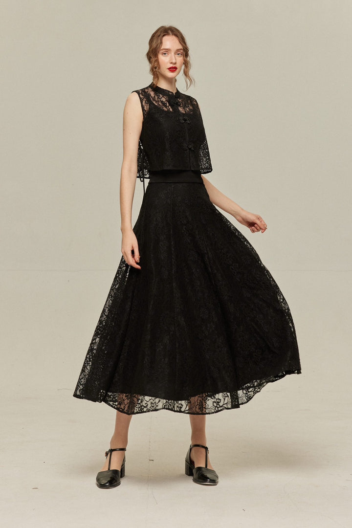 [Existing for 100 years] High waist flare lace skirt-Black