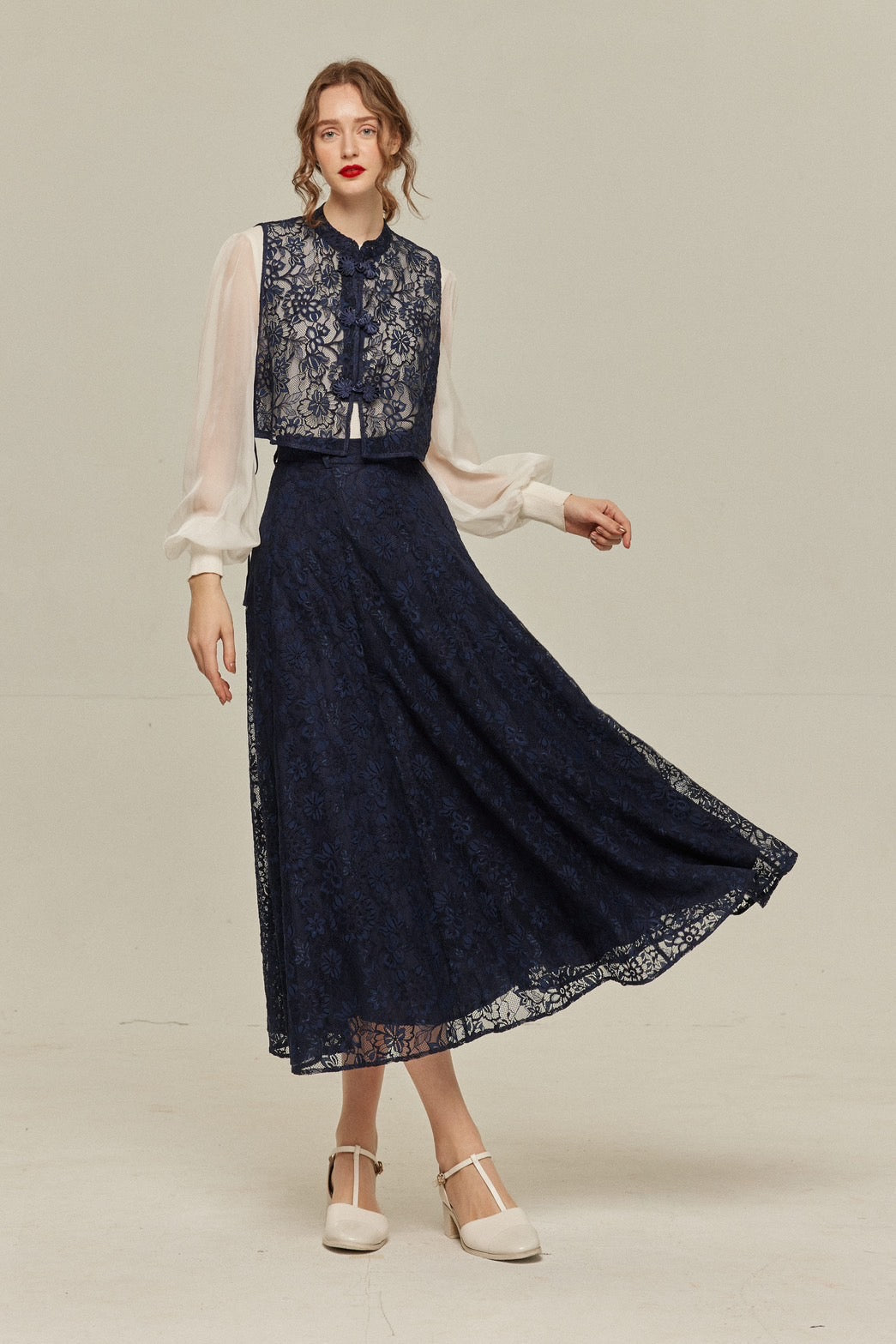 100年も前からある》ハイウエストフレアレーススカート-Navy