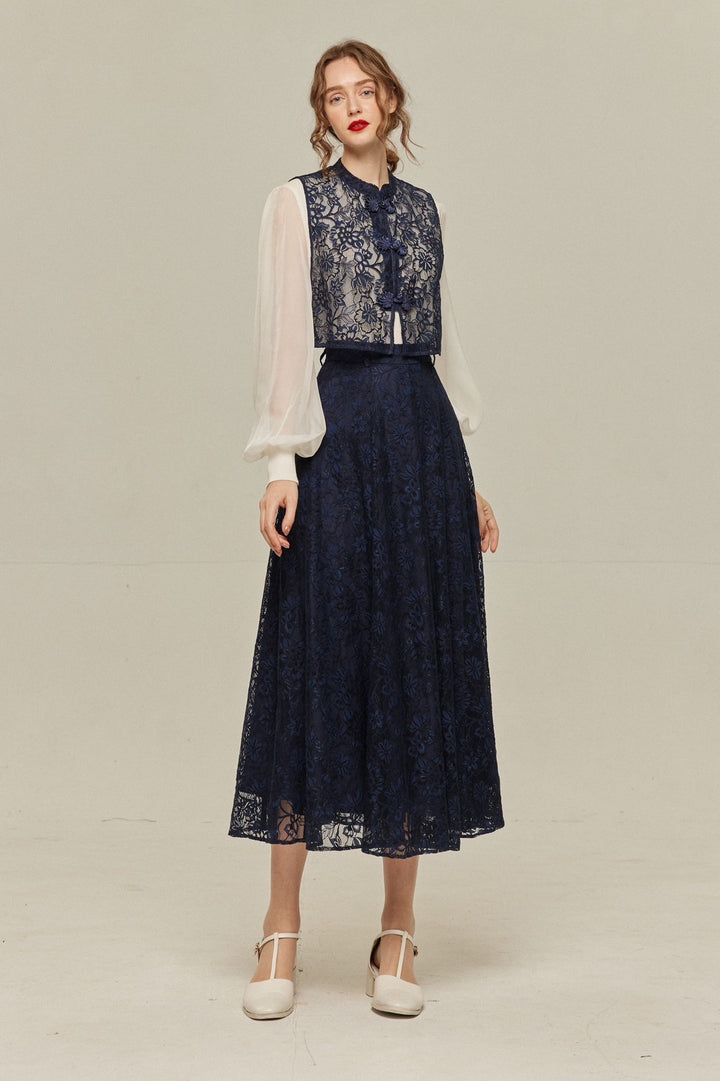 [Existing for 100 years] China buckle sleeveless tops-Navy