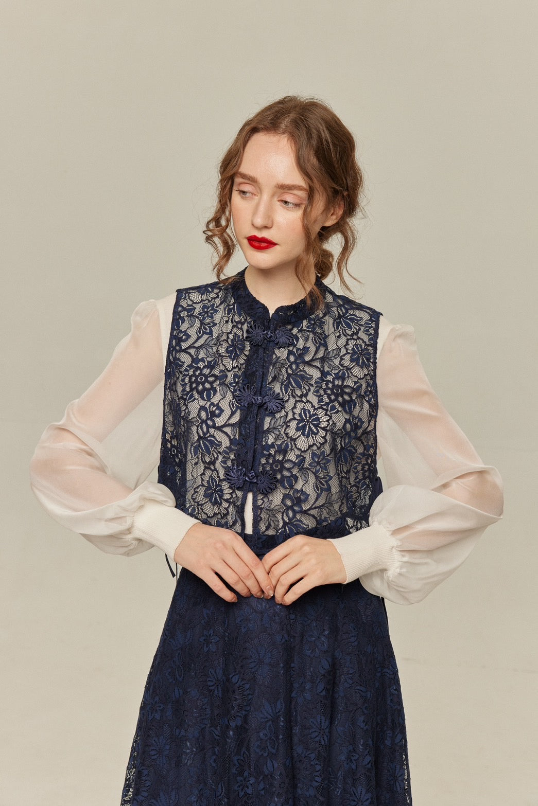 100年も前からある》チャイナバックルスリーブレストップス-Navy