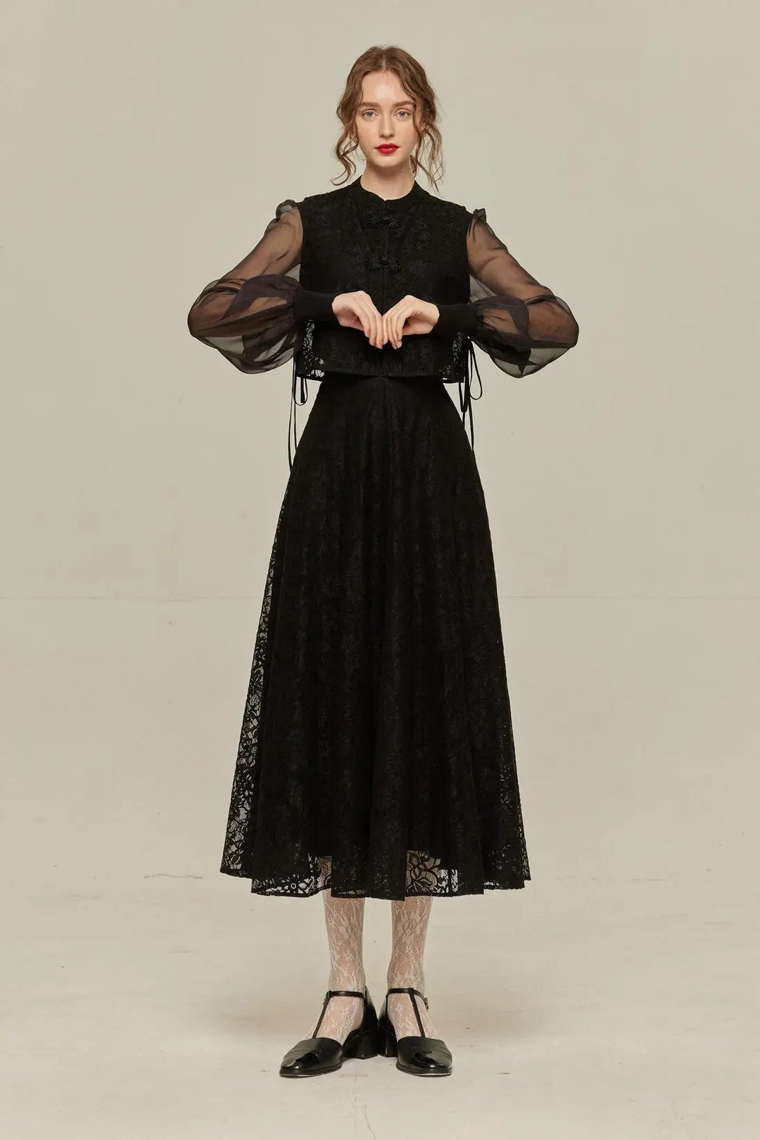 100年も前からある》チャイナバックルスリーブレストップス-Black