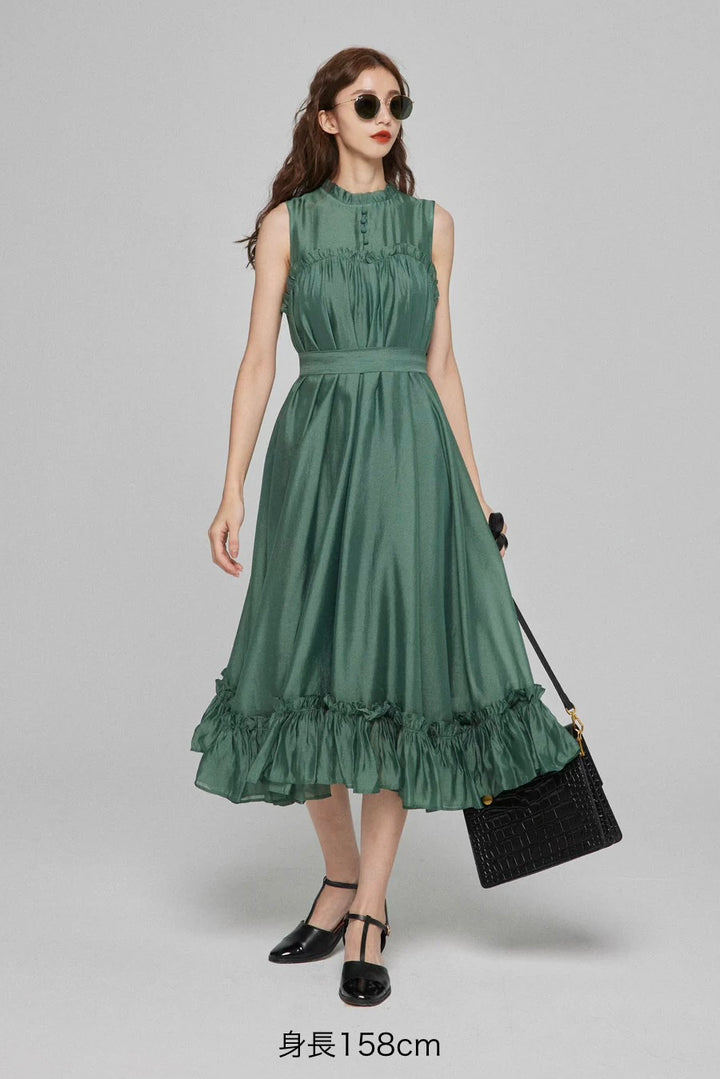 《キラキラ輝く湖面に》ラッフルトリムドレス-Dark green