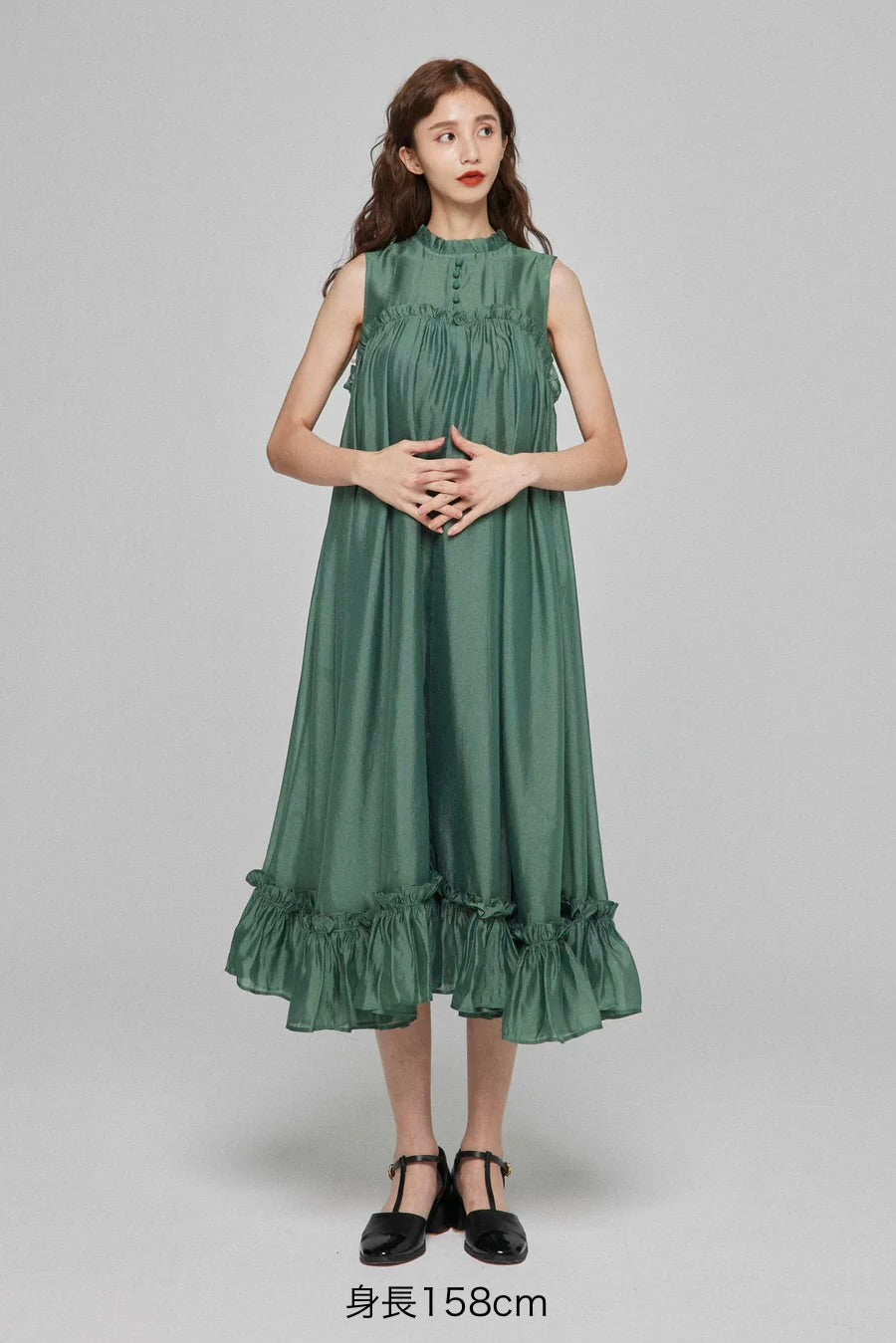 《キラキラ輝く湖面に》ラッフルトリムドレス-Dark green