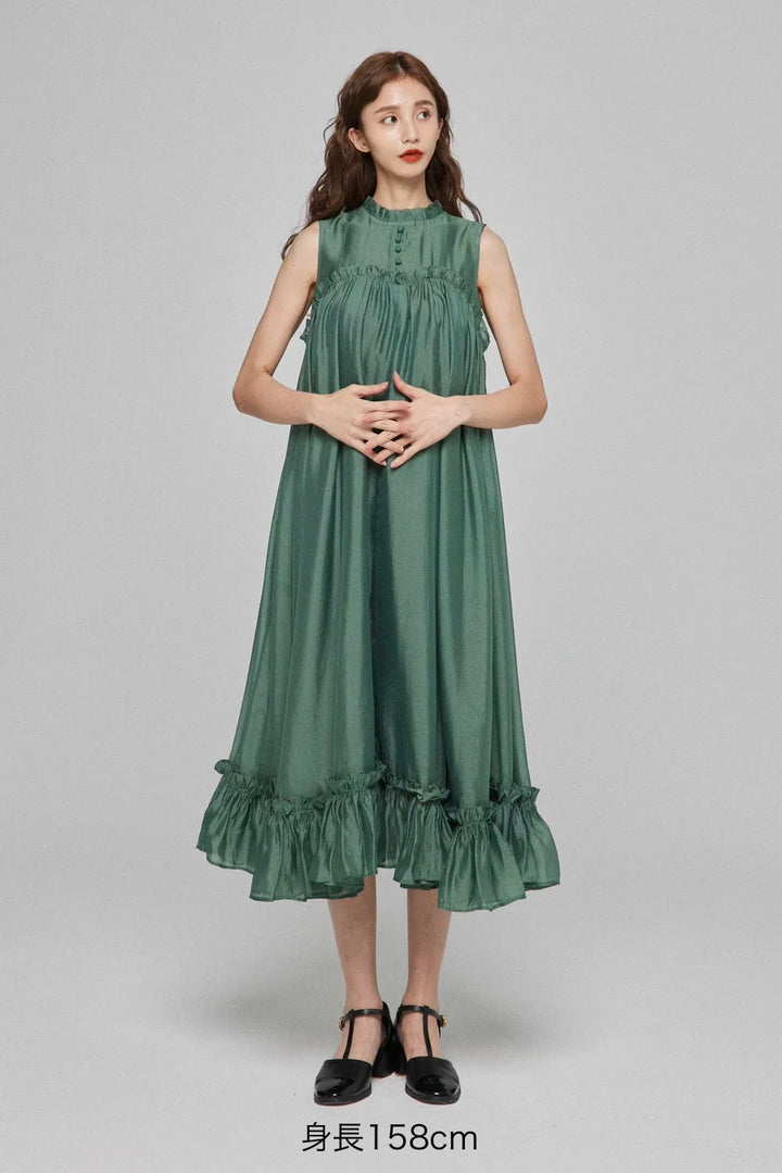《キラキラ輝く湖面に》ラッフルトリムドレス-Dark green