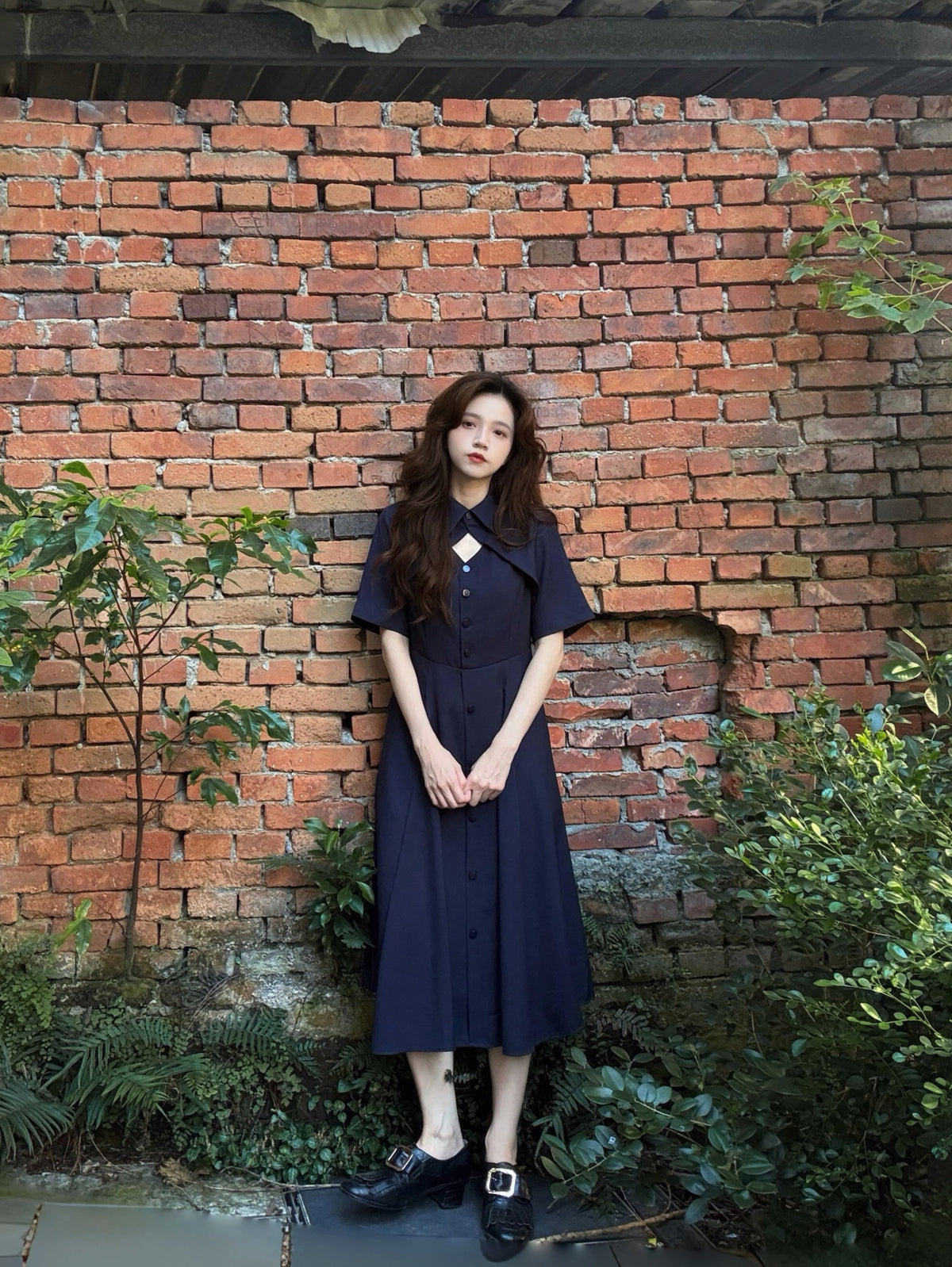 《魔法を一振りして》クラシカルシャツドレス-Navy 着用例 159cm
      ドレスS着用