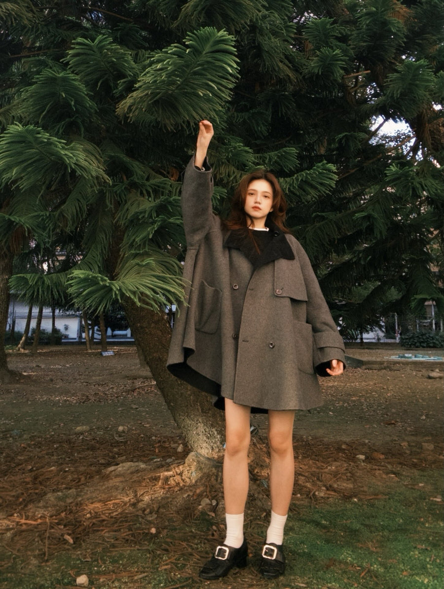 《Are you eating frozen food again? 》2way collar wool blend coat-Gray 着用例 159cm
      アウターS着用