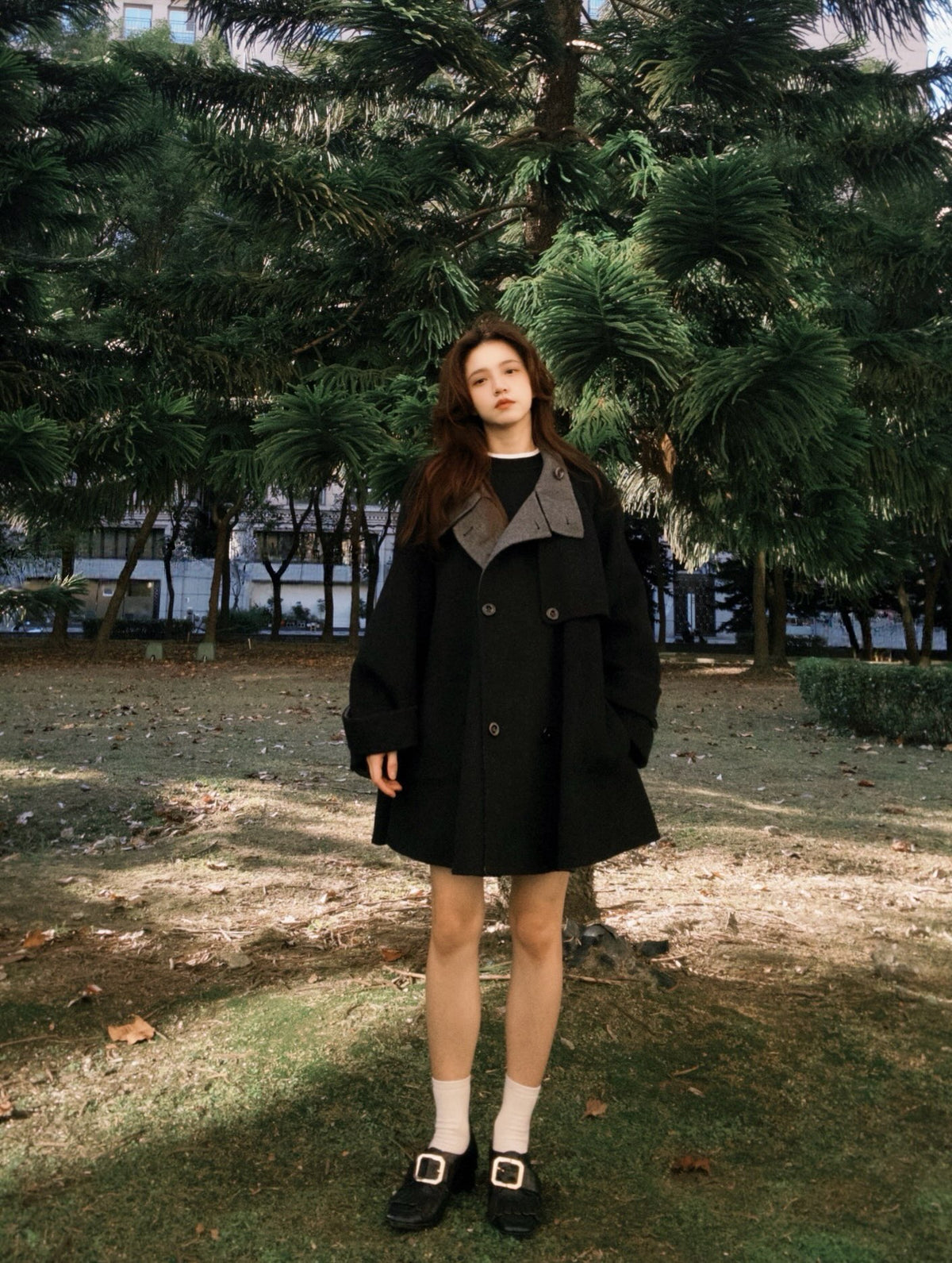《Are you eating frozen food again? 》2way collar wool blend coat-Gray 着用例 159cm
      アウターS着用