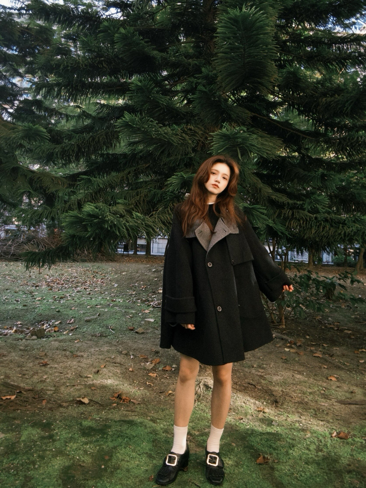 《Are you eating frozen food again? 》2way collar wool blend coat-Gray 着用例 159cm
      アウターS着用