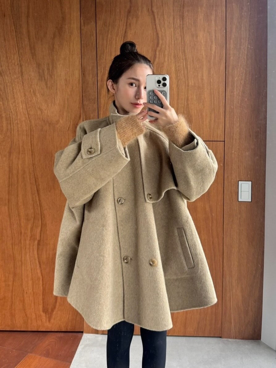 《Are you eating frozen food again? 》2way collar wool blend coat-Gray 着用例 158cm
      アウターS着用