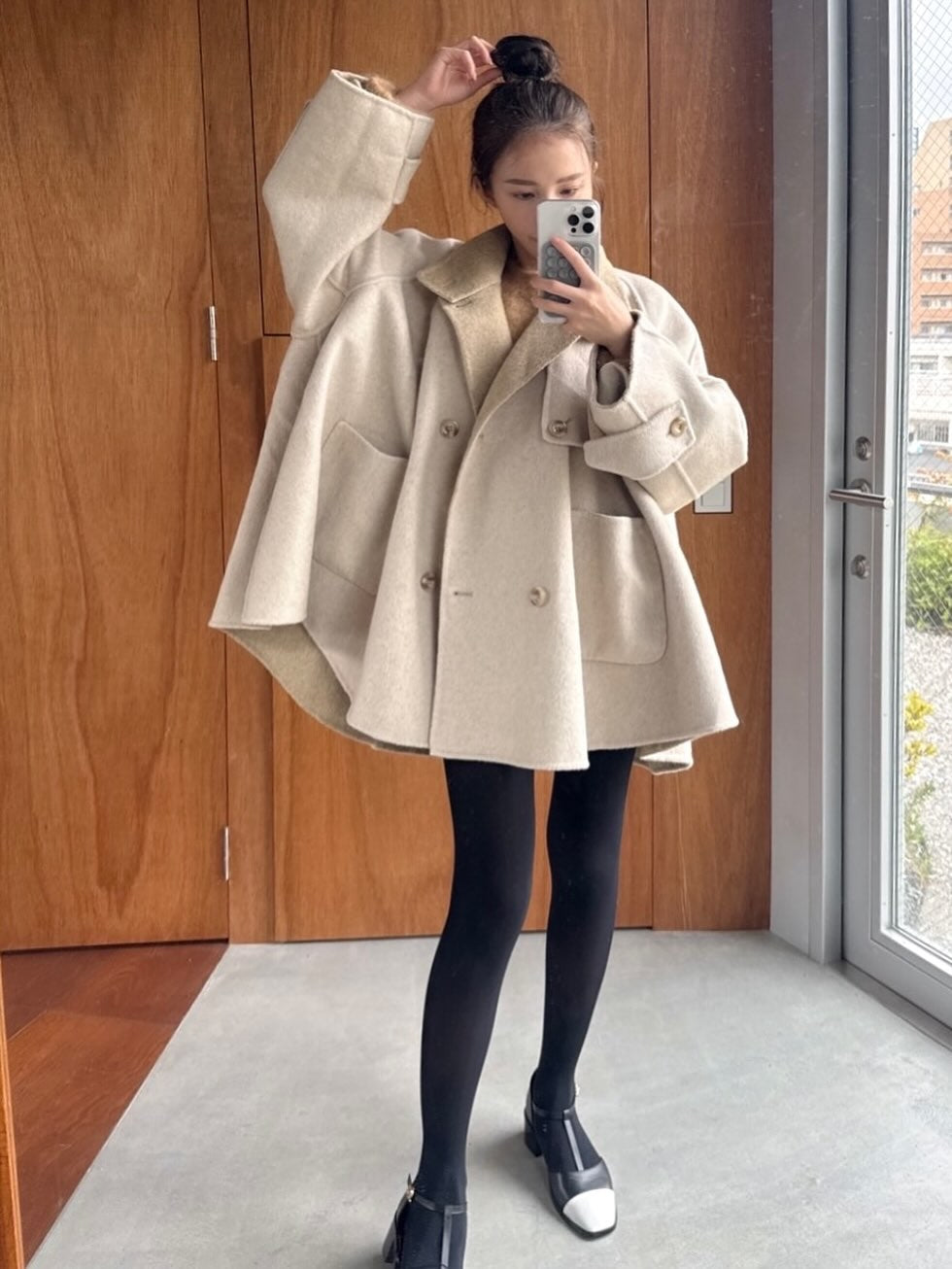 《Are you eating frozen food again? 》2way collar wool blend coat-Gray 着用例 158cm
      アウターS着用