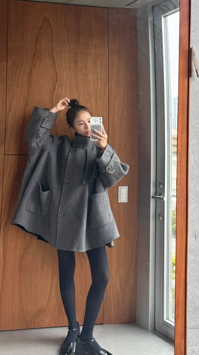 《Are you eating frozen food again? 》2way collar wool blend coat-Gray