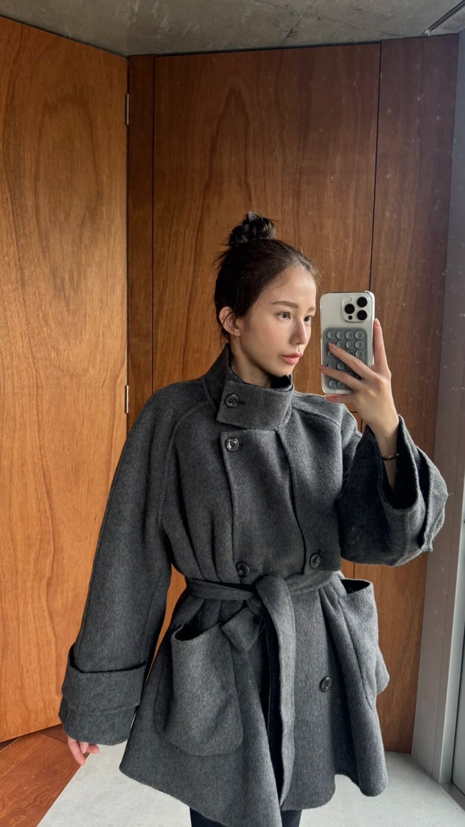 《Are you eating frozen food again? 》2way collar wool blend coat-Gray