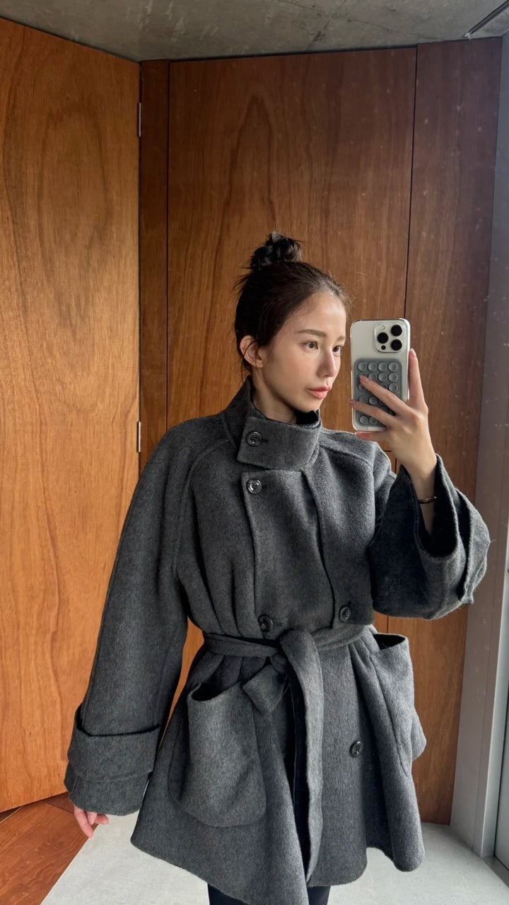 《Are you eating frozen food again? 》2way collar wool blend coat-Gray